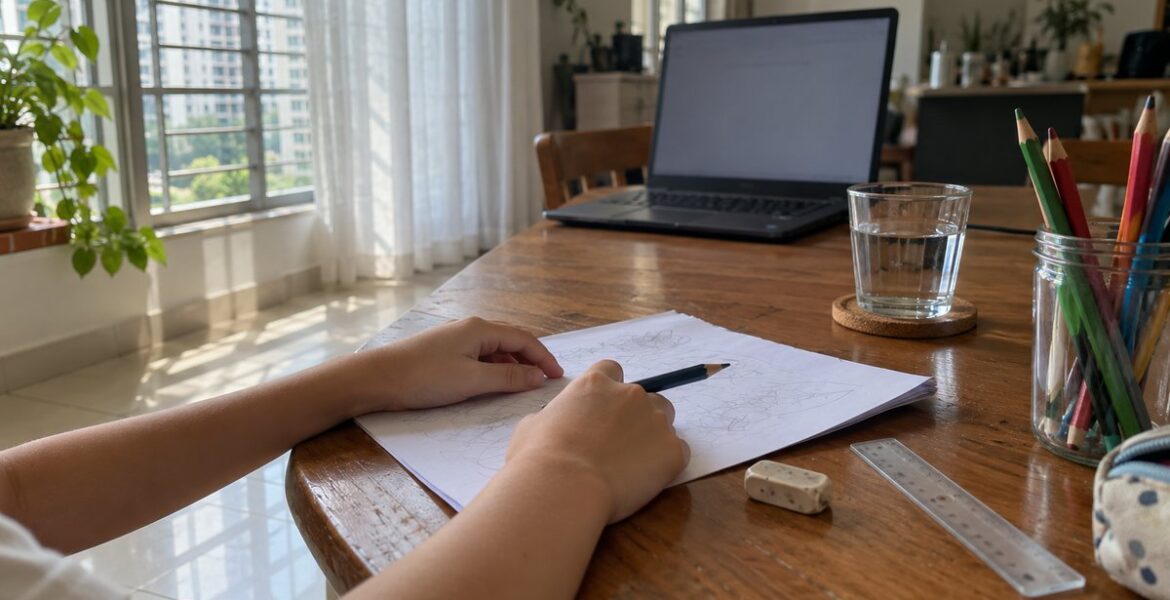 Hands rest beside a pencil, eraser and worksheet on a dining table, lit by window light through a sheer curtain.